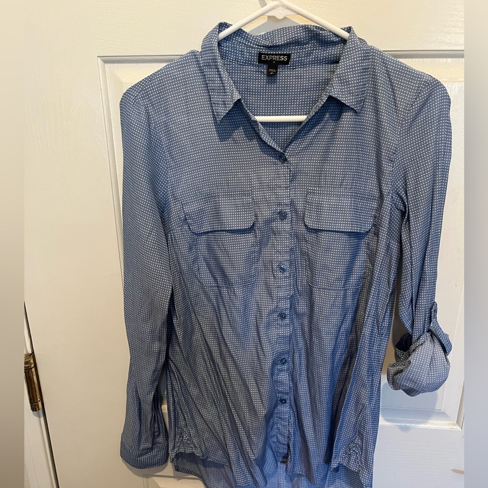 Express Long-sleeve Button-up Polka Dot Shirt w/Rollup Sleeves, Women's Small